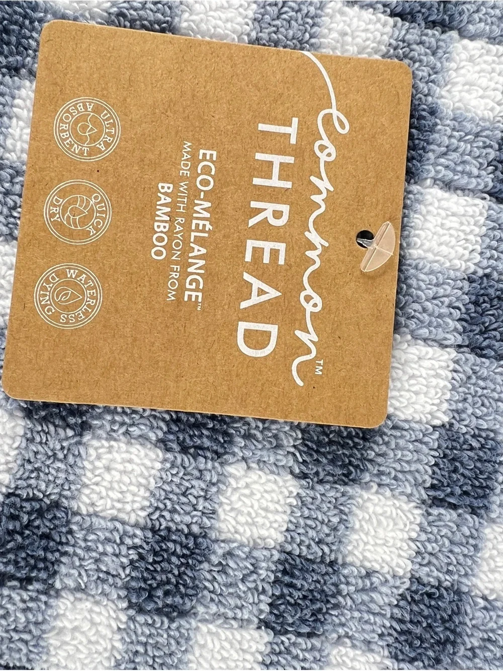 Common Thread Bamboo Bath Towels Blue White Check Soft Cotton Blend 2 Pc NEW